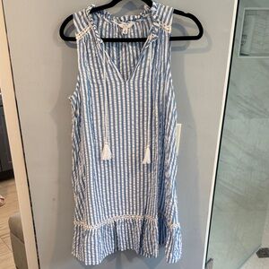 Crown & Ivy Striped Blue & White Sleeveless Tassel Tunic Dress